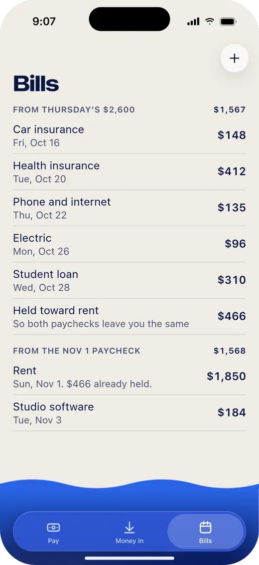 Bills from Thursday's $2,600, with $466 held toward rent so both paychecks leave you the same.