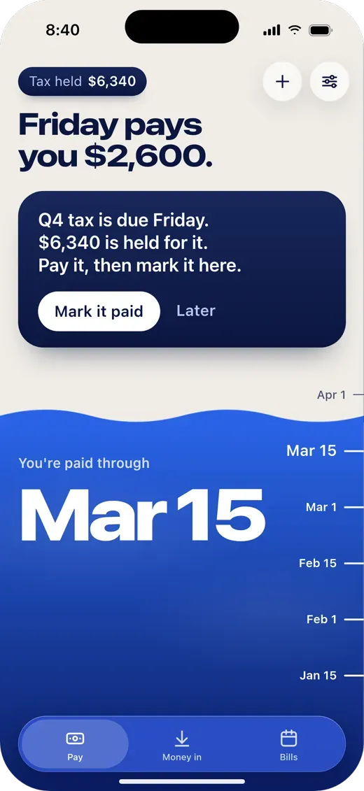 Q4 tax is due Friday. $6,340 is held for it. Pay it, then mark it here.