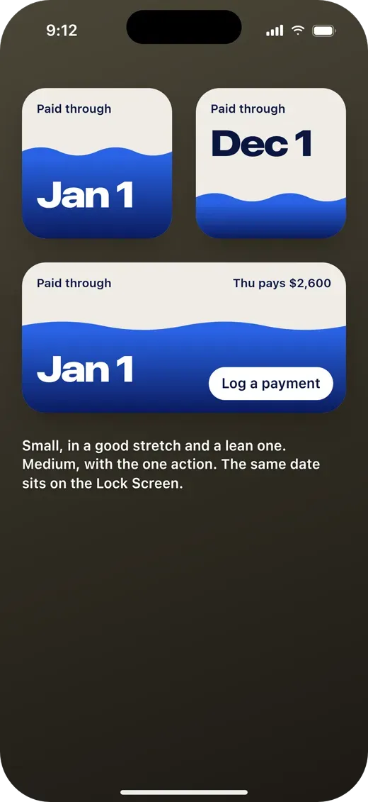 Home Screen widgets showing Paid through Jan 1.